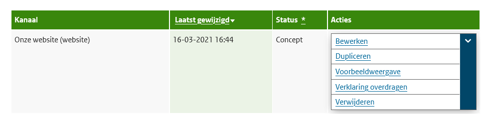 Screenshot van uitgeklapt actiekeuzes.