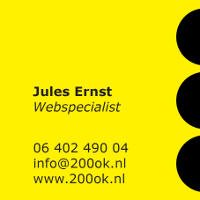 voorkant geel visitekaartje: Jules Ernst Webspecialist, 06 402 490 04 info@200ok.nl