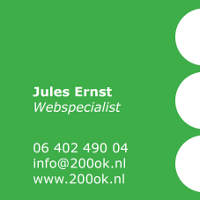 voorkant groen visitekaartje: Jules Ernst Webspecialist, 06 402 490 04 info@200ok.nl