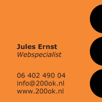 voorkantoranje visitekaartje: Jules Ernst Webspecialist, 06 402 490 04 info@200ok.nl