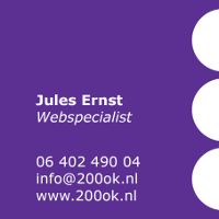 voorkantpaars visitekaartje: Jules Ernst Webspecialist, 06 402 490 04 info@200ok.nl